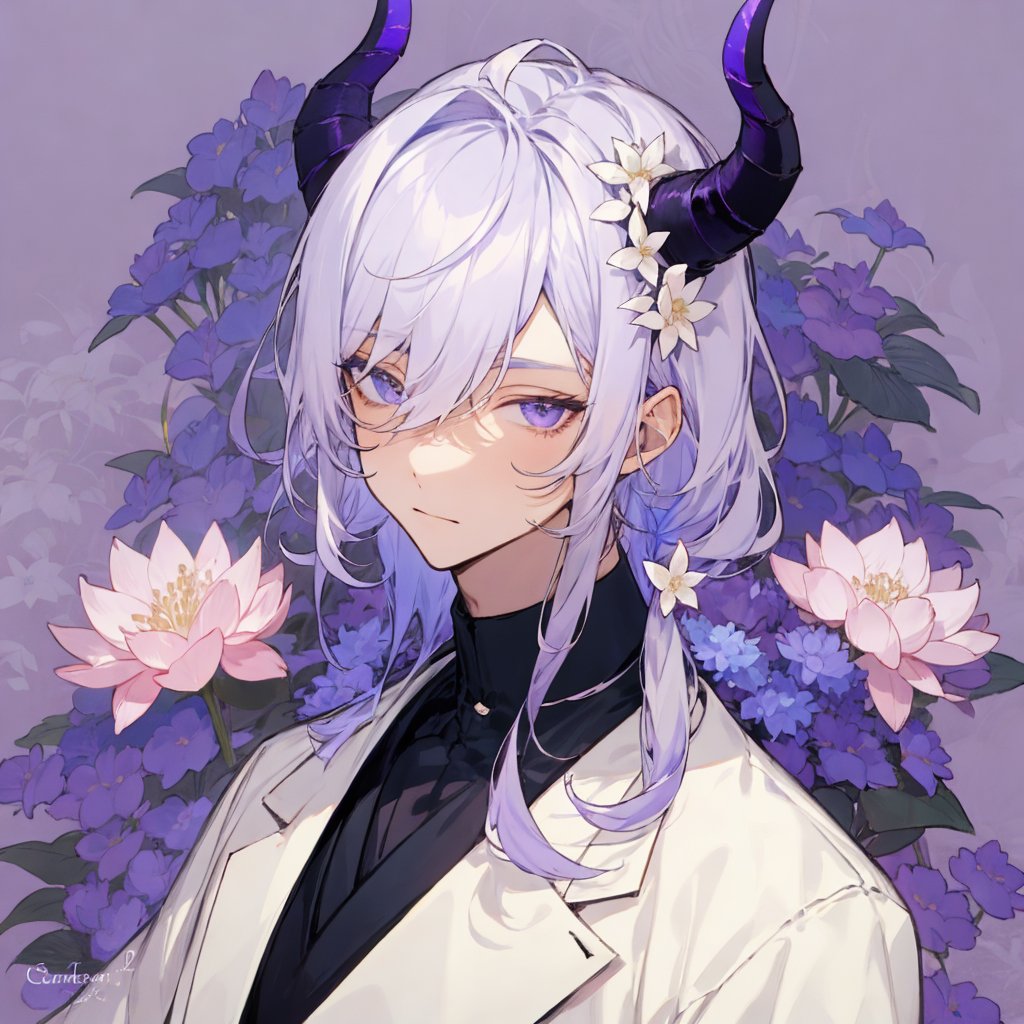 Best quality, best illustration, best lighting, incredible quality, highly detailed 8k CG wallpaper, detailed eyes, detailed face, detailed hair,1male, blue_flower, floral_background, flower, hair_between_eyes, horns, hydrangea, lily_\(flower\), looking_at_viewer, lotus, male_focus, petals, purple_flower, solo, white_flower