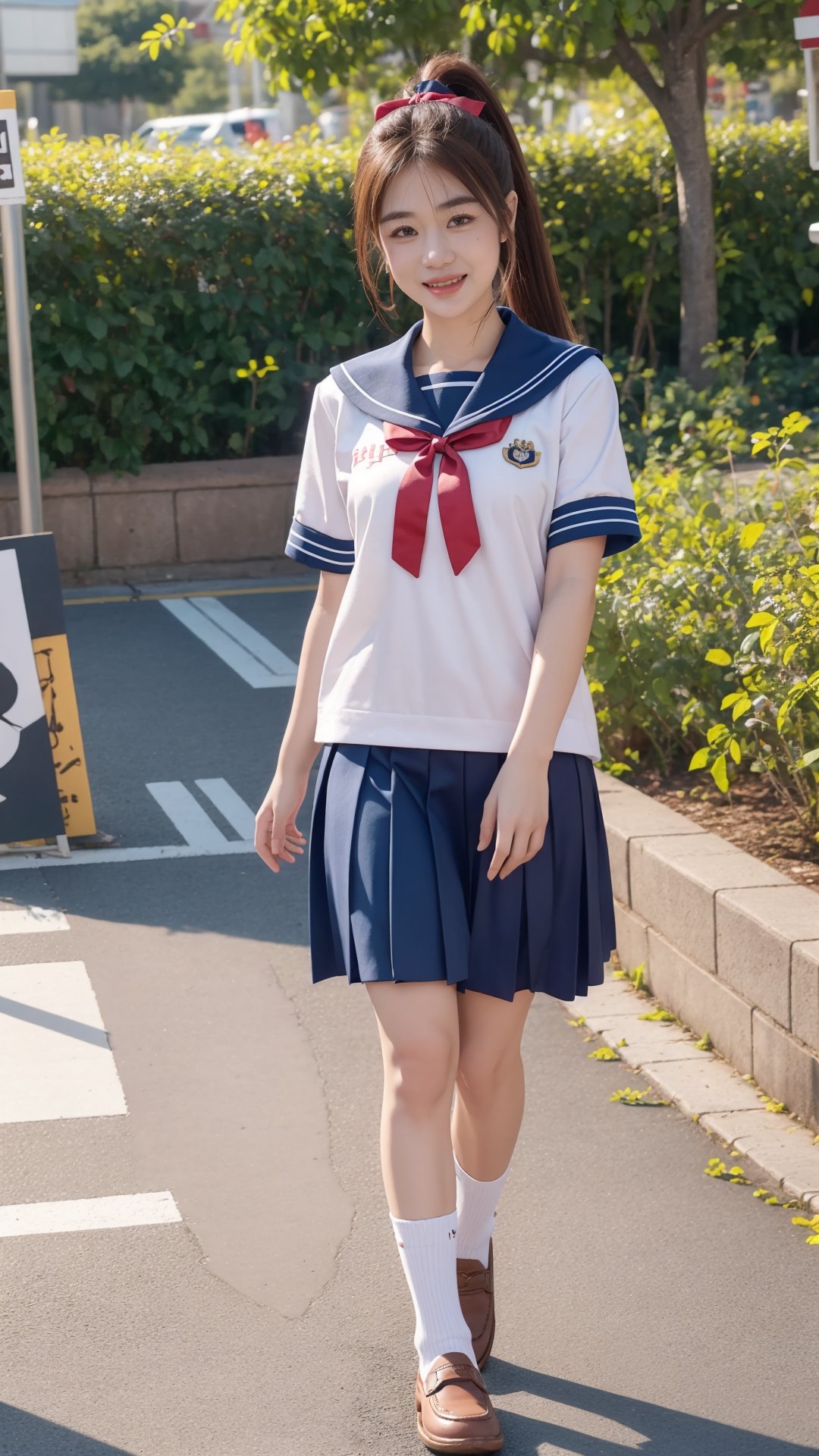 (masterpiece), high quality, highly detailed background, 1girl, solo, looking at viewer,
brown hair, long hair, ponytail, hair ribbon, brown eyes, sailor uniform, loafers, standing pose, smile, walking outdoors, happy