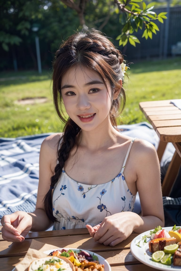 Best quality, masterpiece, ultra high res, raw photo, beautiful and aesthetic,deep shadow, dark theme,(photorealistic:1.4),
(1girl,  teasing smile, ((nfsw)), hair braid, flower print sundress,  small face), slim body, fit, ((picnic table)), (((delicious food))),
outdoors,