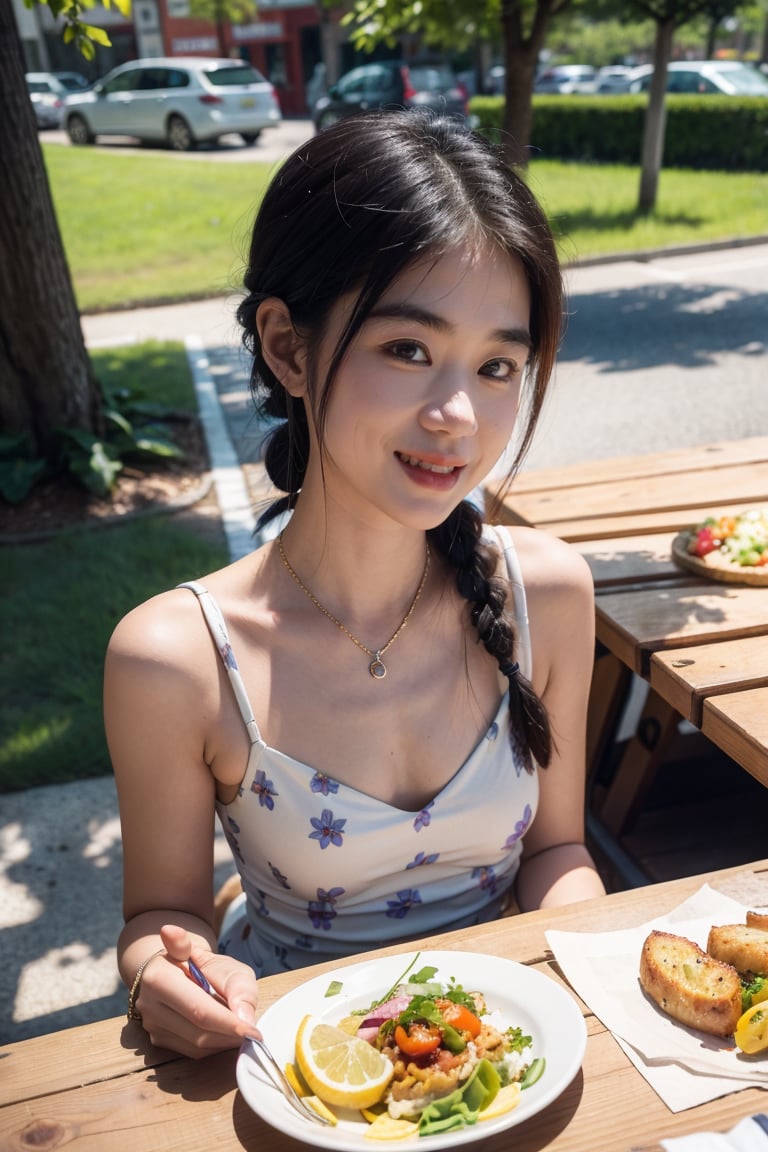 Best quality, masterpiece, ultra high res, raw photo, beautiful and aesthetic,deep shadow, dark theme,(photorealistic:1.4),
(1girl,  teasing smile, ((nfsw)), hair braid, flower print sundress,  small face), slim body, fit, ((picnic table)), (((delicious food))),
outdoors,