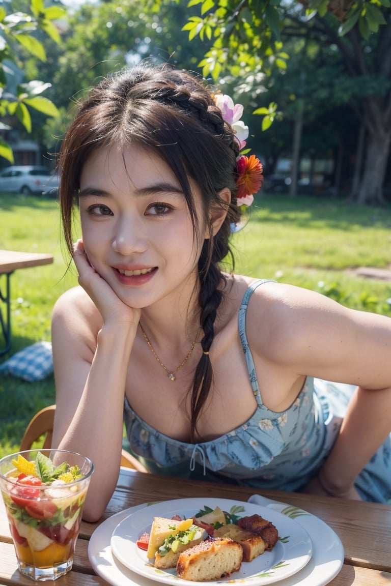 Best quality, masterpiece, ultra high res, raw photo, beautiful and aesthetic,deep shadow, dark theme,(photorealistic:1.4),
(1girl,  teasing smile, ((nfsw)), hair braid, flower print sundress,  small face), slim body, fit, ((picnic table)), (((delicious food))),
outdoors,