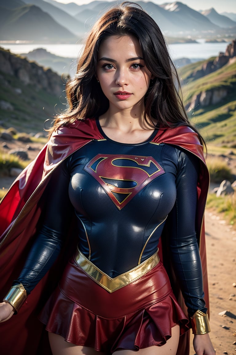 Masterpiece,high quality, Ultra HD, high detailed, supergirl, black costume, water drops on skin, colors dancing in the background, 4k, 8k, top lighting, mountain range background, long flowing black hair, large muscles, cute face, red cape, blue eyes, gazing into the camera ,More Detail
