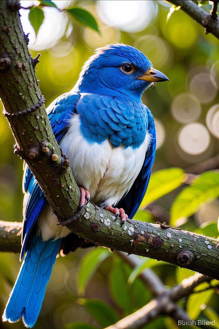 (blue bird),(sitting on a tree branch),(close up),(photorealistic),(detailed feathers),(vivid colors),(soft sunlight),(nature backdrop),(bokeh),(ultra-detailed eyes),(sharp focus),(realistic textures:1.1),(fine details),(crisp outlines),(high definition),(lush green leaves),(intense blue sky),(slightly blurred background)
