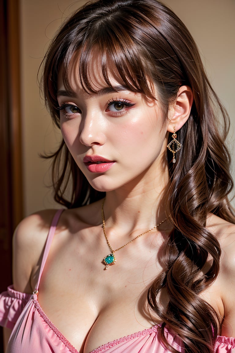 Canon RF85mm f/1.2,masterpiece,best quality,ultra highres,vc,1 girl,(korean mixed,kpop idol:1.2),solo,white_shiny_skin,black eyes,necklace,((brown_long_wavy_hair)),((pink_shiny_lips)),eyelashes,bangs,aface,make-up,shiny,Pore,skin texture,bracelet,offshoulder,see-through,big breasts
