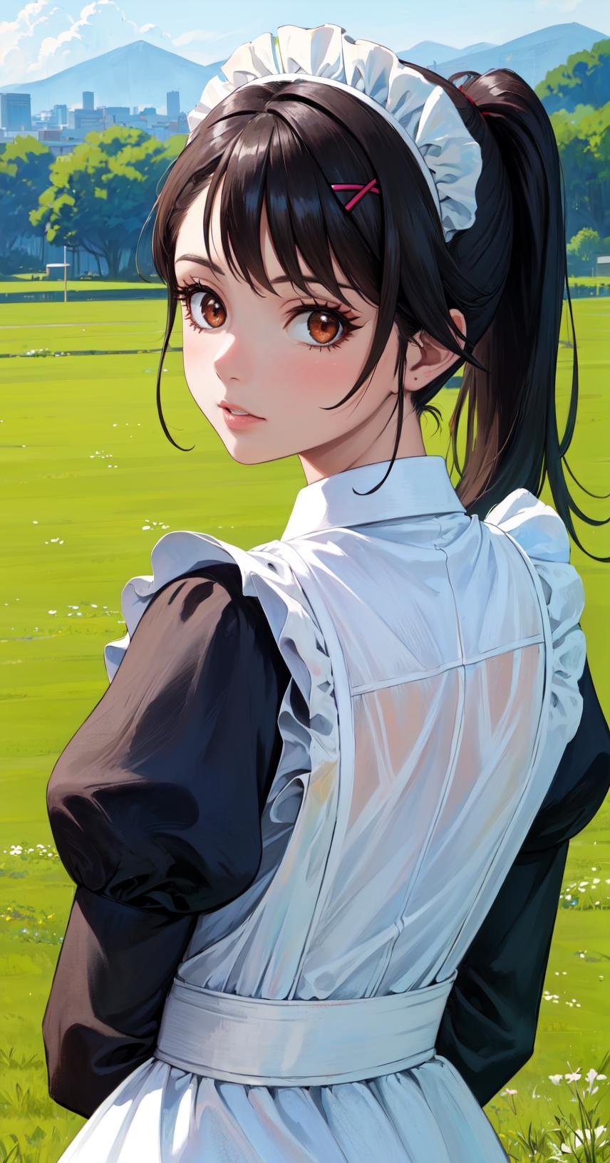 masterpiece, best quality, outdoors, grass, field, 1girl, solo, looking at viewer, cover, upper body, eyelashes, brown eyes, black hair, long hair, shirt, white shirt, ponytail, bangs, hairclip, maid, maid headdress, maid apron, puffy sleeves, long sleeves, arms behind back, <lora:LoRA_Iwato_Suzume:1>