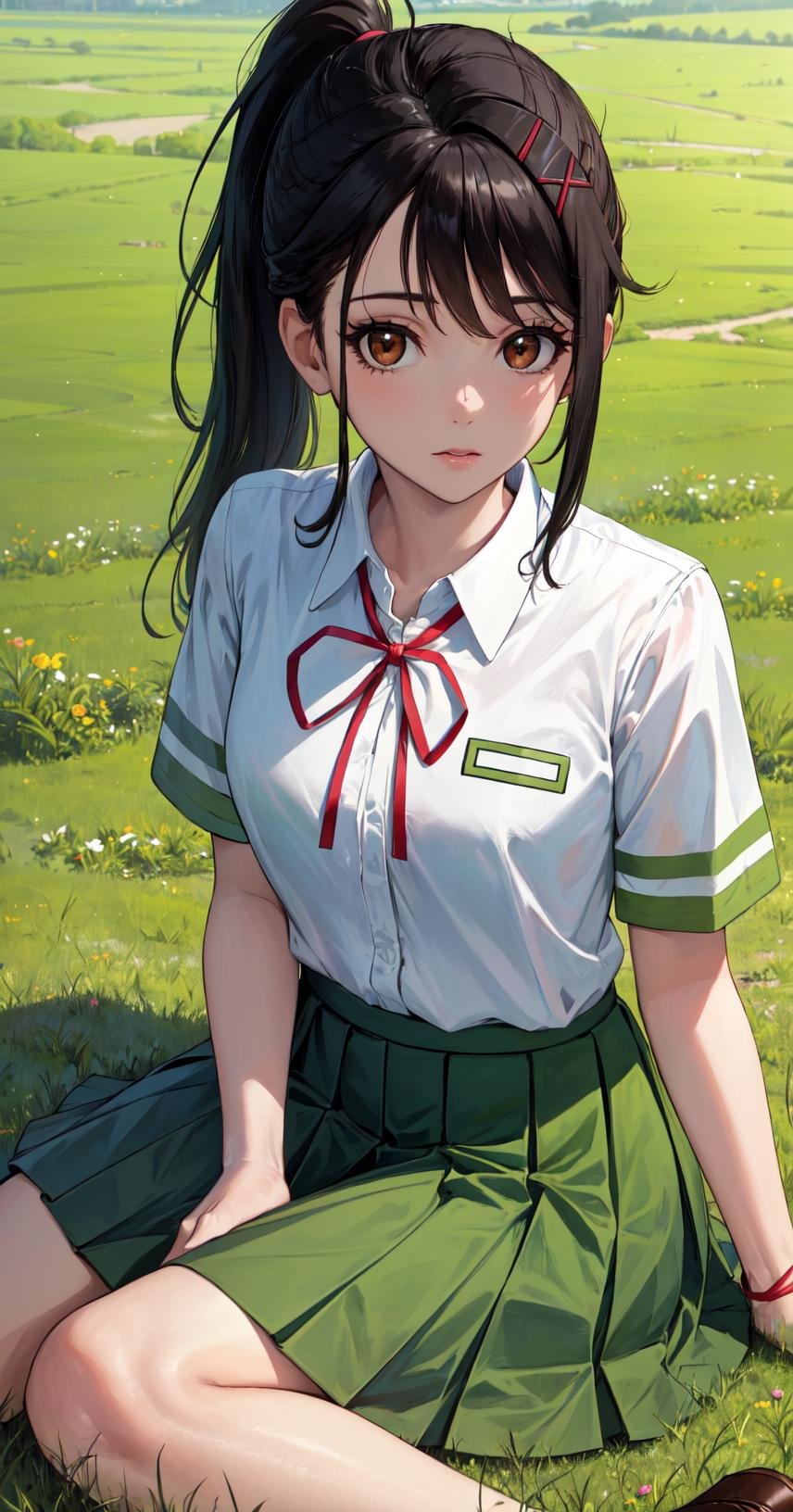 masterpiece, best quality, outdoors, grass, field, 1girl, solo, looking at viewer, sitting, cover, eyelashes, brown eyes, black hair, long hair, shirt, white shirt, ponytail, short sleeves, school uniform, bangs, collared shirt, ribbon, skirt, neck ribbon, pleated skirt, red ribbon, hairclip, green skirt,<lora:LoRA_Iwato_Suzume:1>