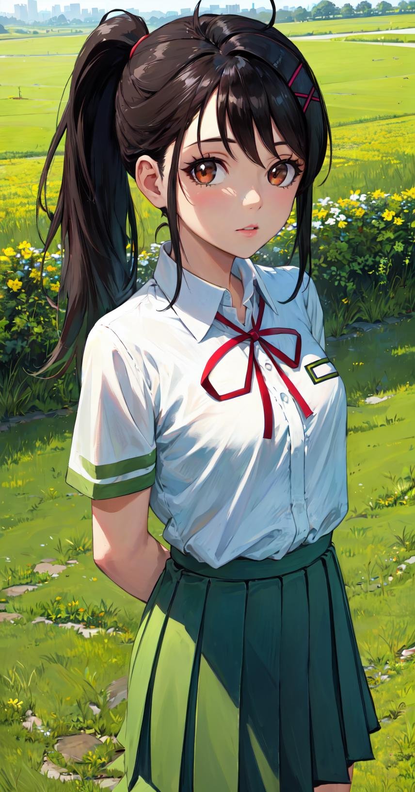 masterpiece, best quality, outdoors, grass, field,1girl, solo, looking at viewer, cover, eyelashes, brown eyes, black hair, arms behind back, long hair, shirt, white shirt, ponytail, short sleeves, school uniform, bangs, collared shirt, ribbon, skirt, neck ribbon, pleated skirt, red ribbon, hairclip, green skirt,<lora:LoRA_Iwato_Suzume:1>