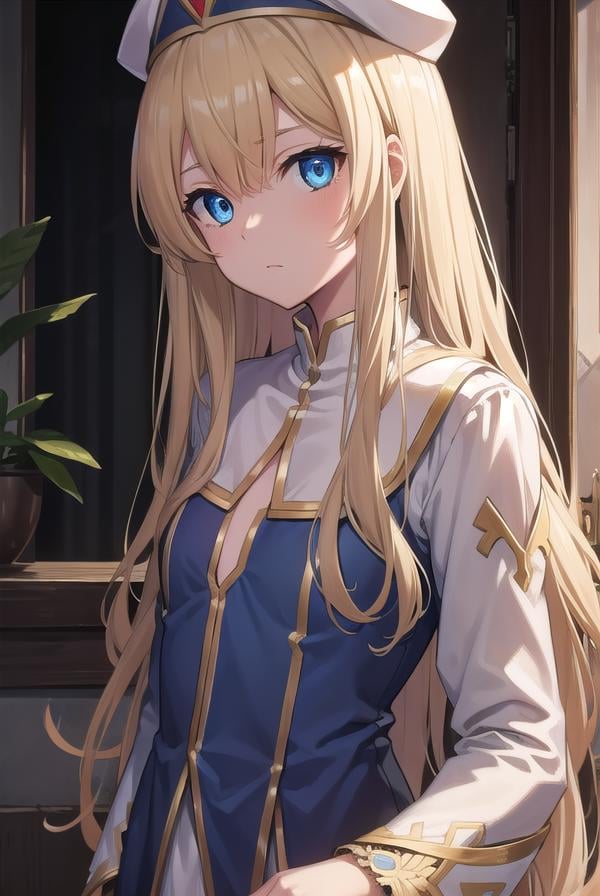 priestess, <lora:priestesstest:1>, priestess, blonde hair, blue eyes, long hair, hat, (small breast:1.2),BREAK ,BREAK looking at viewer,BREAK city,BREAK <lora:GoodHands-vanilla:1>, (masterpiece:1.2), best quality, high resolution, unity 8k wallpaper, (illustration:0.8), (beautiful detailed eyes:1.6), extremely detailed face, perfect lighting, extremely detailed CG, (perfect hands, perfect anatomy),