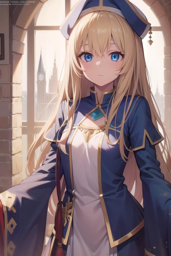 priestess, <lora:priestesstest:1>, priestess, blonde hair, blue eyes, long hair, hat, (small breast:1.2),BREAK ,BREAK looking at viewer,BREAK city,BREAK <lyco:GoodHands-beta2:1>, (masterpiece:1.2), best quality, high resolution, unity 8k wallpaper, (illustration:0.8), (beautiful detailed eyes:1.6), extremely detailed face, perfect lighting, extremely detailed CG, (perfect hands, perfect anatomy),