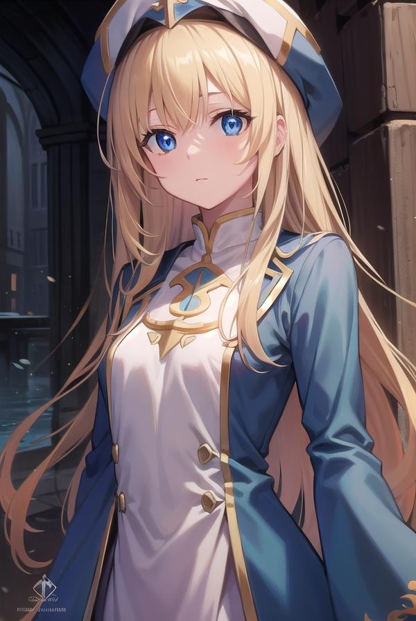 priestess, <lora:priestesstest:1>, priestess, blonde hair, blue eyes, long hair, hat, (small breast:1.2),BREAK ,BREAK looking at viewer,BREAK city,BREAK <lyco:GoodHands-beta2:1>, (masterpiece:1.2), best quality, high resolution, unity 8k wallpaper, (illustration:0.8), (beautiful detailed eyes:1.6), extremely detailed face, perfect lighting, extremely detailed CG, (perfect hands, perfect anatomy),