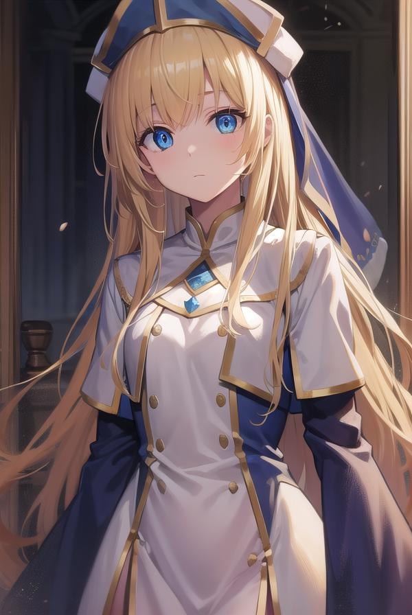 priestess, <lora:priestesstest:1>, priestess, blonde hair, blue eyes, long hair, hat, (small breast:1.2),BREAK ,BREAK looking at viewer,BREAK city,BREAK <lyco:GoodHands-beta2:1>, (masterpiece:1.2), best quality, high resolution, unity 8k wallpaper, (illustration:0.8), (beautiful detailed eyes:1.6), extremely detailed face, perfect lighting, extremely detailed CG, (perfect hands, perfect anatomy),