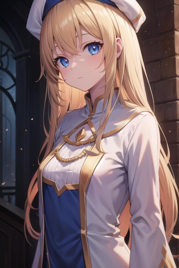 priestess, <lora:priestesstest:1>, priestess, blonde hair, blue eyes, long hair, hat, (small breast:1.2),BREAK ,BREAK looking at viewer,BREAK city,BREAK <lyco:GoodHands-beta2:1>, (masterpiece:1.2), best quality, high resolution, unity 8k wallpaper, (illustration:0.8), (beautiful detailed eyes:1.6), extremely detailed face, perfect lighting, extremely detailed CG, (perfect hands, perfect anatomy),