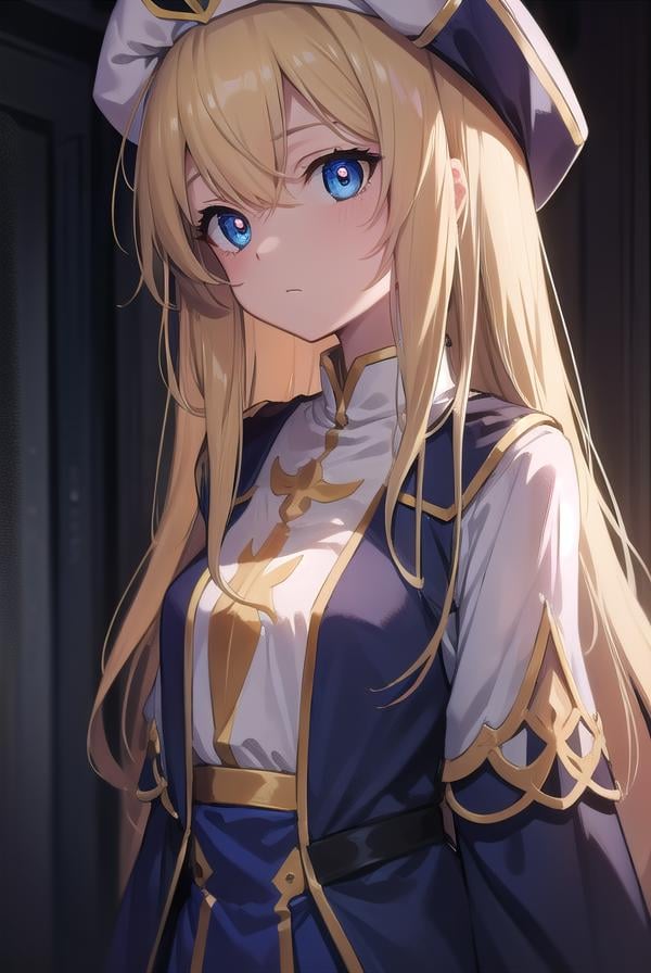 priestess, <lora:priestesstest:1>, priestess, blonde hair, blue eyes, long hair, hat, (small breast:1.2),BREAK ,BREAK looking at viewer,BREAK city,BREAK <lora:GoodHands-vanilla:1>, (masterpiece:1.2), best quality, high resolution, unity 8k wallpaper, (illustration:0.8), (beautiful detailed eyes:1.6), extremely detailed face, perfect lighting, extremely detailed CG, (perfect hands, perfect anatomy),