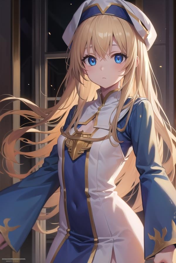 priestess, <lora:priestesstest:1>, priestess, blonde hair, blue eyes, long hair, hat, (small breast:1.2),BREAK ,BREAK looking at viewer,BREAK city,BREAK <lyco:GoodHands-beta2:1>, (masterpiece:1.2), best quality, high resolution, unity 8k wallpaper, (illustration:0.8), (beautiful detailed eyes:1.6), extremely detailed face, perfect lighting, extremely detailed CG, (perfect hands, perfect anatomy),