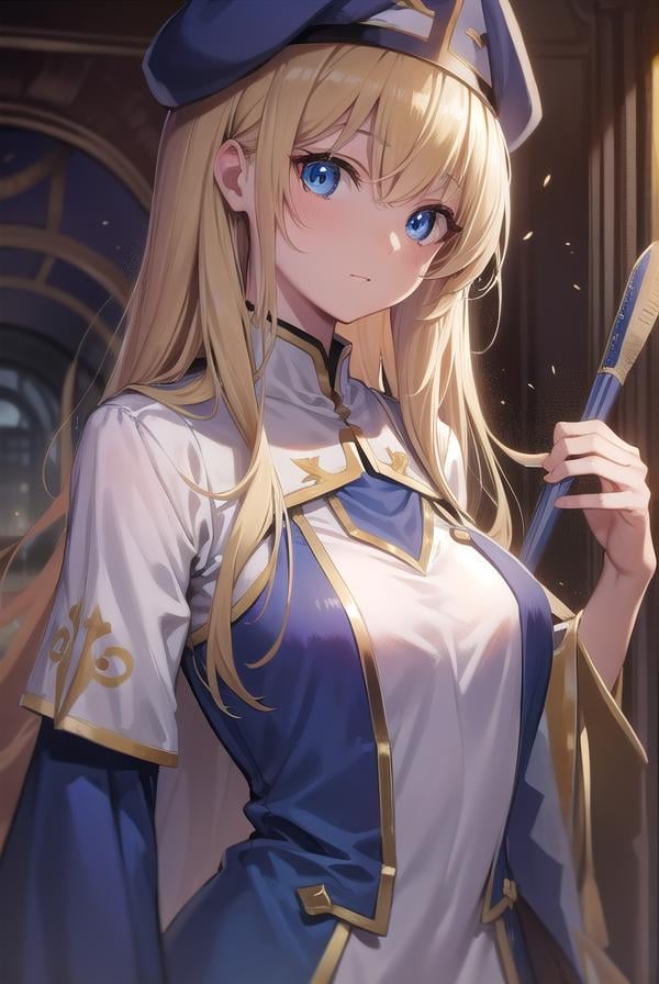 priestess, <lora:priestesstest:1>, priestess, blonde hair, blue eyes, long hair, hat, (small breast:1.2),BREAK ,BREAK looking at viewer,BREAK city,BREAK <lyco:GoodHands-beta2:1>, (masterpiece:1.2), best quality, high resolution, unity 8k wallpaper, (illustration:0.8), (beautiful detailed eyes:1.6), extremely detailed face, perfect lighting, extremely detailed CG, (perfect hands, perfect anatomy),