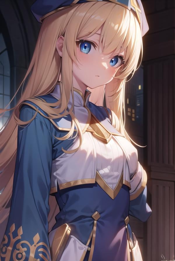 priestess, <lora:priestesstest:1>, priestess, blonde hair, blue eyes, long hair, hat, (small breast:1.2),BREAK ,BREAK looking at viewer,BREAK city,BREAK <lyco:GoodHands-beta2:1>, (masterpiece:1.2), best quality, high resolution, unity 8k wallpaper, (illustration:0.8), (beautiful detailed eyes:1.6), extremely detailed face, perfect lighting, extremely detailed CG, (perfect hands, perfect anatomy),