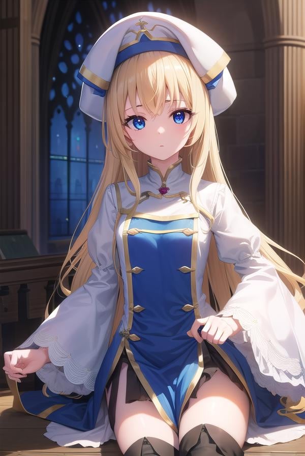 priestess, <lora:priestess-lora-nochekaiser:1>, priestess, blonde hair, blue eyes, long hair, hair between eyes, (small breast:1.2),BREAK boots, dress, frilled sleeves, frills, hat, high heels, robe, thigh boots, thighhighs, white thighhighs, long sleeves, puffy sleeves,BREAK looking at viewer,BREAK indoors, church,BREAK <lyco:GoodHands-beta2:1>, (masterpiece:1.2), best quality, high resolution, unity 8k wallpaper, (illustration:0.8), (beautiful detailed eyes:1.6), extremely detailed face, perfect lighting, extremely detailed CG, (perfect hands, perfect anatomy),