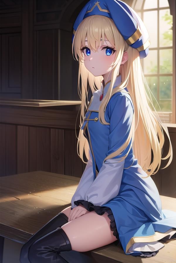 priestess, <lora:priestess-lora-nochekaiser:1>, priestess, blonde hair, blue eyes, long hair, hair between eyes, (small breast:1.2),BREAK boots, dress, frilled sleeves, frills, hat, high heels, robe, thigh boots, thighhighs, white thighhighs, long sleeves, puffy sleeves,BREAK looking at viewer,BREAK indoors, church,BREAK <lyco:GoodHands-beta2:1>, (masterpiece:1.2), best quality, high resolution, unity 8k wallpaper, (illustration:0.8), (beautiful detailed eyes:1.6), extremely detailed face, perfect lighting, extremely detailed CG, (perfect hands, perfect anatomy),