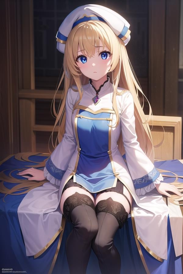 priestess, <lora:priestess-lora-nochekaiser:1>, priestess, blonde hair, blue eyes, long hair, hair between eyes, (small breast:1.2),BREAK boots, dress, frilled sleeves, frills, hat, high heels, robe, thigh boots, thighhighs, white thighhighs, long sleeves, puffy sleeves,BREAK looking at viewer,BREAK indoors, church,BREAK <lyco:GoodHands-beta2:1>, (masterpiece:1.2), best quality, high resolution, unity 8k wallpaper, (illustration:0.8), (beautiful detailed eyes:1.6), extremely detailed face, perfect lighting, extremely detailed CG, (perfect hands, perfect anatomy),