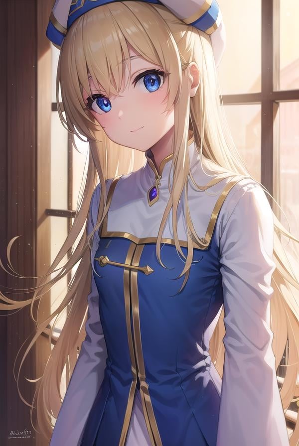 priestess, <lora:priestess-lora-nochekaiser:1>, priestess, blonde hair, blue eyes, long hair, hair between eyes, (small breast:1.2), smile,BREAK boots, dress, frilled sleeves, frills, hat, white headwear, pelvic curtain, high heels, robe, thigh boots, thighhighs, white thighhighs, long sleeves, puffy sleeves,BREAK looking at viewer,BREAK indoors, church,BREAK <lyco:GoodHands-beta2:1>, (masterpiece:1.2), best quality, high resolution, unity 8k wallpaper, (illustration:0.8), (beautiful detailed eyes:1.6), extremely detailed face, perfect lighting, extremely detailed CG, (perfect hands, perfect anatomy),