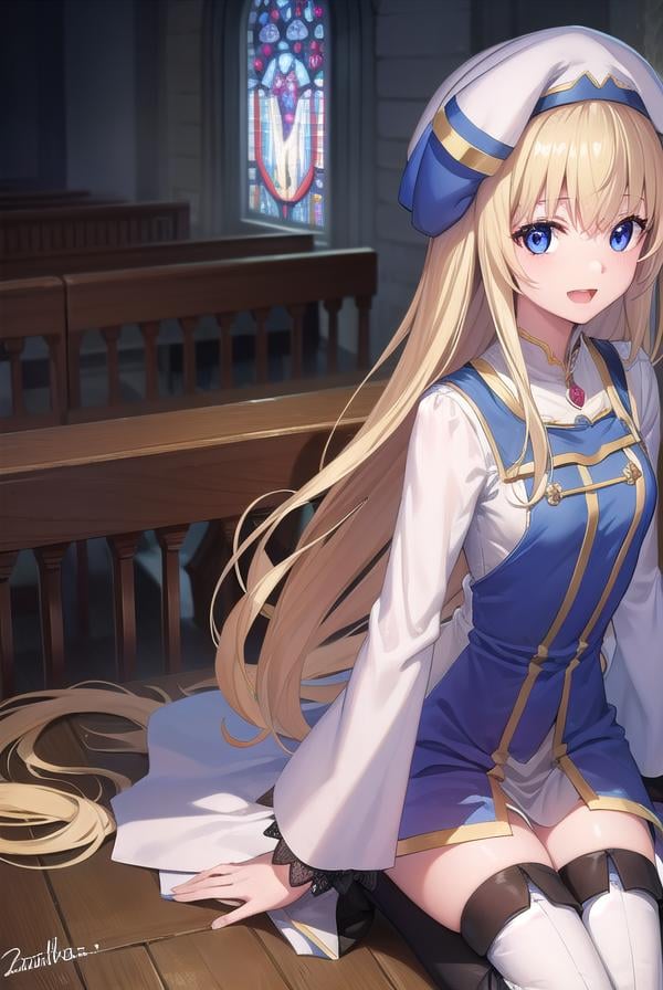 priestess, <lora:priestess-lora-nochekaiser:1>, priestess, blonde hair, blue eyes, long hair, hair between eyes, (small breast:1.2), <lora:talkmouth_A_v100:1>, open mouth, smile,BREAK boots, dress, frilled sleeves, frills, hat, white headwear, pelvic curtain, high heels, robe, thigh boots, thighhighs, white thighhighs, long sleeves, puffy sleeves,BREAK looking at viewer,BREAK indoors, church,BREAK <lyco:GoodHands-beta2:1>, (masterpiece:1.2), best quality, high resolution, unity 8k wallpaper, (illustration:0.8), (beautiful detailed eyes:1.6), extremely detailed face, perfect lighting, extremely detailed CG, (perfect hands, perfect anatomy),