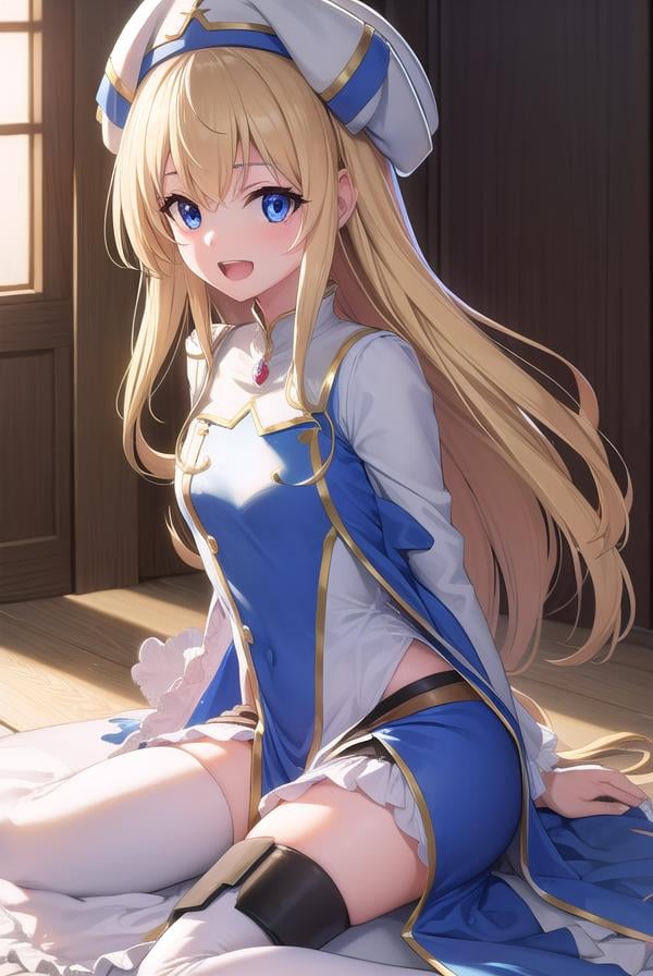 priestess, <lora:priestess-lora-nochekaiser:1>, priestess, blonde hair, blue eyes, long hair, hair between eyes, (small breast:1.2), <lora:talkmouth_A_v100:1>, open mouth, smile,BREAK boots, dress, frilled sleeves, frills, hat, white headwear, pelvic curtain, high heels, robe, thigh boots, thighhighs, white thighhighs, long sleeves, puffy sleeves,BREAK looking at viewer,BREAK indoors, church,BREAK <lyco:GoodHands-beta2:1>, (masterpiece:1.2), best quality, high resolution, unity 8k wallpaper, (illustration:0.8), (beautiful detailed eyes:1.6), extremely detailed face, perfect lighting, extremely detailed CG, (perfect hands, perfect anatomy),