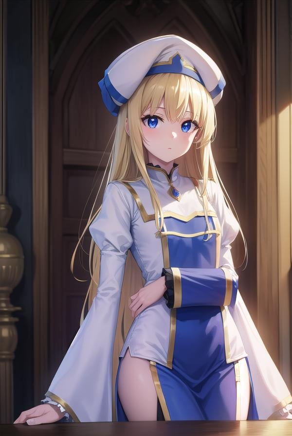 priestess, <lora:priestess-lora-nochekaiser:1>, priestess, blonde hair, blue eyes, long hair, hair between eyes, (small breast:1.2),BREAK boots, dress, frilled sleeves, frills, hat, high heels, robe, thigh boots, thighhighs, white thighhighs, long sleeves, puffy sleeves,BREAK looking at viewer,BREAK indoors, church,BREAK <lyco:GoodHands-beta2:1>, (masterpiece:1.2), best quality, high resolution, unity 8k wallpaper, (illustration:0.8), (beautiful detailed eyes:1.6), extremely detailed face, perfect lighting, extremely detailed CG, (perfect hands, perfect anatomy),