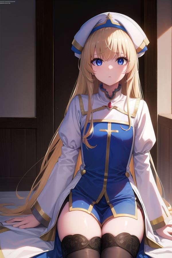 priestess, <lora:priestess-lora-nochekaiser:1>, priestess, blonde hair, blue eyes, long hair, hair between eyes, (small breast:1.2),BREAK boots, dress, frilled sleeves, frills, hat, high heels, robe, thigh boots, thighhighs, white thighhighs, long sleeves, puffy sleeves,BREAK looking at viewer,BREAK indoors, church,BREAK <lyco:GoodHands-beta2:1>, (masterpiece:1.2), best quality, high resolution, unity 8k wallpaper, (illustration:0.8), (beautiful detailed eyes:1.6), extremely detailed face, perfect lighting, extremely detailed CG, (perfect hands, perfect anatomy),