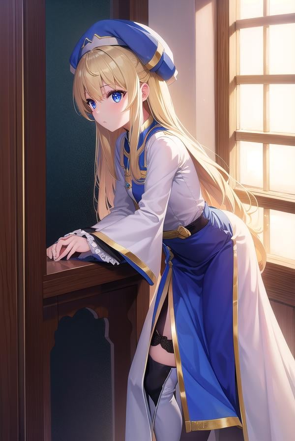 priestess, <lora:priestess-lora-nochekaiser:1>, priestess, blonde hair, blue eyes, long hair, hair between eyes, (small breast:1.2),BREAK boots, dress, frilled sleeves, frills, hat, high heels, robe, thigh boots, thighhighs, white thighhighs, long sleeves, puffy sleeves,BREAK looking at viewer,BREAK indoors, church,BREAK <lyco:GoodHands-beta2:1>, (masterpiece:1.2), best quality, high resolution, unity 8k wallpaper, (illustration:0.8), (beautiful detailed eyes:1.6), extremely detailed face, perfect lighting, extremely detailed CG, (perfect hands, perfect anatomy),