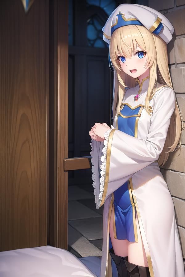 priestess, <lora:priestess-lora-nochekaiser:1>, priestess, blonde hair, blue eyes, long hair, hair between eyes, (small breast:1.2), <lora:talkmouth_A_v100:1>, open mouth, smile,BREAK boots, dress, frilled sleeves, frills, hat, white headwear, pelvic curtain, high heels, robe, thigh boots, thighhighs, white thighhighs, long sleeves, puffy sleeves,BREAK looking at viewer,BREAK indoors, church,BREAK <lyco:GoodHands-beta2:1>, (masterpiece:1.2), best quality, high resolution, unity 8k wallpaper, (illustration:0.8), (beautiful detailed eyes:1.6), extremely detailed face, perfect lighting, extremely detailed CG, (perfect hands, perfect anatomy),