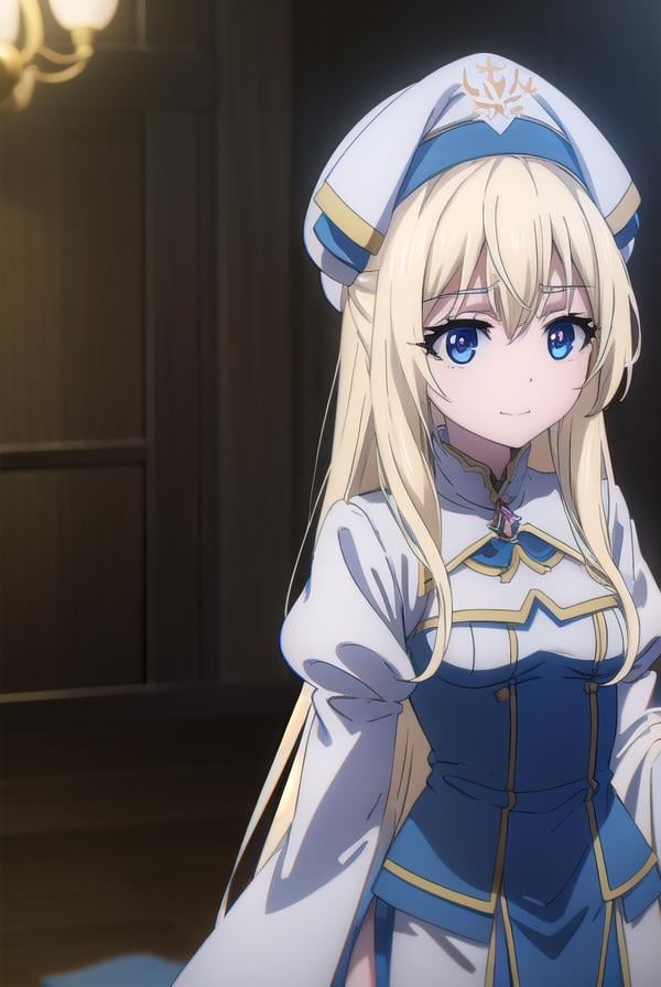 priestess, <lora:priestesss2-lora-nochekaiser:1>, priestess, blonde hair, blue eyes, long hair, hair between eyes, (small breast:1.2), smile,BREAK boots, dress, frilled sleeves, frills, hat, white headwear, pelvic curtain, high heels, robe, thigh boots, thighhighs, white thighhighs, long sleeves, puffy sleeves,BREAK indoors, church,BREAK looking at viewer, (cowboy shot:1.5),BREAK <lyco:GoodHands-beta2:1>, (masterpiece:1.2), best quality, high resolution, unity 8k wallpaper, (illustration:0.8), (beautiful detailed eyes:1.6), extremely detailed face, perfect lighting, extremely detailed CG, (perfect hands, perfect anatomy),