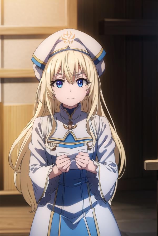 priestess, <lora:priestesss2-lora-nochekaiser:1>, priestess, blonde hair, blue eyes, long hair, hair between eyes, (small breast:1.2), smile,BREAK boots, dress, frilled sleeves, frills, hat, white headwear, pelvic curtain, high heels, robe, thigh boots, thighhighs, white thighhighs, long sleeves, puffy sleeves,BREAK indoors, church,BREAK looking at viewer, (cowboy shot:1.5),BREAK <lyco:GoodHands-beta2:1>, (masterpiece:1.2), best quality, high resolution, unity 8k wallpaper, (illustration:0.8), (beautiful detailed eyes:1.6), extremely detailed face, perfect lighting, extremely detailed CG, (perfect hands, perfect anatomy),