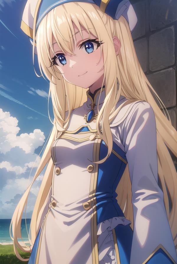 priestess, <lora:priestesss2-lora-nochekaiser:1>, priestess, blonde hair, blue eyes, long hair, hair between eyes, (small breast:1.2), smile,BREAK boots, dress, frilled sleeves, frills, hat, white headwear, pelvic curtain, high heels, robe, thigh boots, thighhighs, white thighhighs, long sleeves, puffy sleeves,BREAK outdoors, grass, nature, forest, cloud, sky, sun,BREAK looking at viewer, (cowboy shot:1.5),BREAK <lyco:GoodHands-beta2:1>, (masterpiece:1.2), best quality, high resolution, unity 8k wallpaper, (illustration:0.8), (beautiful detailed eyes:1.6), extremely detailed face, perfect lighting, extremely detailed CG, (perfect hands, perfect anatomy),