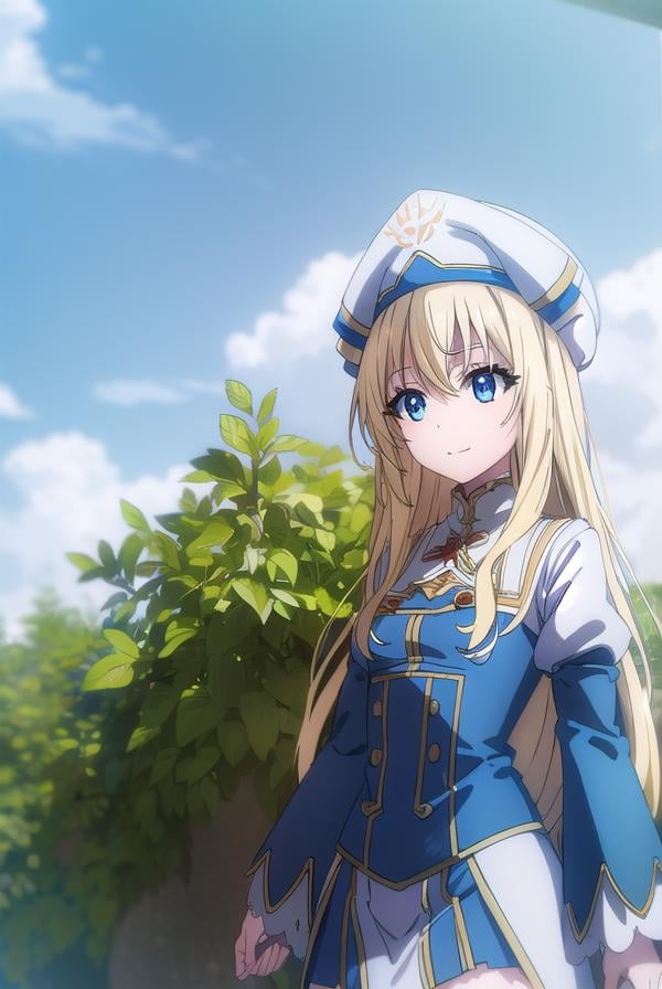 priestess, <lora:priestesss2-lora-nochekaiser:1>, priestess, blonde hair, blue eyes, long hair, hair between eyes, (small breast:1.2), smile,BREAK boots, dress, frilled sleeves, frills, hat, white headwear, pelvic curtain, high heels, robe, thigh boots, thighhighs, white thighhighs, long sleeves, puffy sleeves,BREAK outdoors, grass, nature, forest, cloud, sky, sun,BREAK looking at viewer, (cowboy shot:1.5),BREAK <lyco:GoodHands-beta2:1>, (masterpiece:1.2), best quality, high resolution, unity 8k wallpaper, (illustration:0.8), (beautiful detailed eyes:1.6), extremely detailed face, perfect lighting, extremely detailed CG, (perfect hands, perfect anatomy),