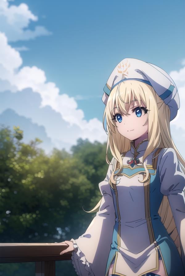 priestess, <lora:priestesss2-lora-nochekaiser:1>, priestess, blonde hair, blue eyes, long hair, hair between eyes, (small breast:1.2), smile,BREAK boots, dress, frilled sleeves, frills, hat, white headwear, pelvic curtain, high heels, robe, thigh boots, thighhighs, white thighhighs, long sleeves, puffy sleeves,BREAK outdoors, grass, nature, forest, cloud, sky, sun,BREAK looking at viewer, (cowboy shot:1.5),BREAK <lyco:GoodHands-beta2:1>, (masterpiece:1.2), best quality, high resolution, unity 8k wallpaper, (illustration:0.8), (beautiful detailed eyes:1.6), extremely detailed face, perfect lighting, extremely detailed CG, (perfect hands, perfect anatomy),