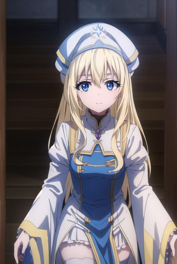 priestess, <lora:priestesss2-lora-nochekaiser:1>, priestess, blonde hair, blue eyes, long hair, hair between eyes, (small breast:1.2), smile,BREAK boots, dress, frilled sleeves, frills, hat, white headwear, pelvic curtain, high heels, robe, thigh boots, thighhighs, white thighhighs, long sleeves, puffy sleeves,BREAK indoors, church,BREAK looking at viewer, (cowboy shot:1.5),BREAK <lyco:GoodHands-beta2:1>, (masterpiece:1.2), best quality, high resolution, unity 8k wallpaper, (illustration:0.8), (beautiful detailed eyes:1.6), extremely detailed face, perfect lighting, extremely detailed CG, (perfect hands, perfect anatomy),