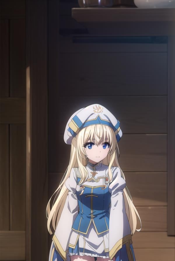 priestess, <lora:priestesss2-lora-nochekaiser:1>, priestess, blonde hair, blue eyes, long hair, hair between eyes, (small breast:1.2), smile,BREAK boots, dress, frilled sleeves, frills, hat, white headwear, pelvic curtain, high heels, robe, thigh boots, thighhighs, white thighhighs, long sleeves, puffy sleeves,BREAK indoors, church,BREAK looking at viewer, (cowboy shot:1.5),BREAK <lyco:GoodHands-beta2:1>, (masterpiece:1.2), best quality, high resolution, unity 8k wallpaper, (illustration:0.8), (beautiful detailed eyes:1.6), extremely detailed face, perfect lighting, extremely detailed CG, (perfect hands, perfect anatomy),