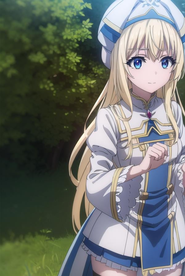 priestess, <lora:priestesss2-lora-nochekaiser:1>, priestess, blonde hair, blue eyes, long hair, hair between eyes, (small breast:1.2), smile,BREAK boots, dress, frilled sleeves, frills, hat, white headwear, pelvic curtain, high heels, robe, thigh boots, thighhighs, white thighhighs, long sleeves, puffy sleeves,BREAK outdoors, grass, nature, forest, cloud, sky, sun,BREAK looking at viewer, (cowboy shot:1.5),BREAK <lyco:GoodHands-beta2:1>, (masterpiece:1.2), best quality, high resolution, unity 8k wallpaper, (illustration:0.8), (beautiful detailed eyes:1.6), extremely detailed face, perfect lighting, extremely detailed CG, (perfect hands, perfect anatomy),