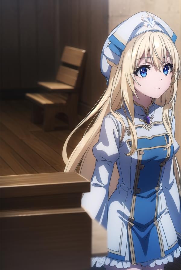 priestess, <lora:priestesss2-lora-nochekaiser:1>, priestess, blonde hair, blue eyes, long hair, hair between eyes, (small breast:1.2), smile,BREAK boots, dress, frilled sleeves, frills, hat, white headwear, pelvic curtain, high heels, robe, thigh boots, thighhighs, white thighhighs, long sleeves, puffy sleeves,BREAK indoors, church,BREAK looking at viewer, (cowboy shot:1.5),BREAK <lyco:GoodHands-beta2:1>, (masterpiece:1.2), best quality, high resolution, unity 8k wallpaper, (illustration:0.8), (beautiful detailed eyes:1.6), extremely detailed face, perfect lighting, extremely detailed CG, (perfect hands, perfect anatomy),