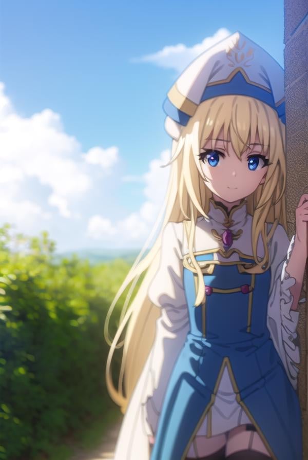 priestess, <lora:priestesss2-lora-nochekaiser:1>, priestess, blonde hair, blue eyes, long hair, hair between eyes, (small breast:1.2), smile,BREAK boots, dress, frilled sleeves, frills, hat, white headwear, pelvic curtain, high heels, robe, thigh boots, thighhighs, white thighhighs, long sleeves, puffy sleeves,BREAK outdoors, grass, nature, forest, cloud, sky, sun,BREAK looking at viewer, (cowboy shot:1.5),BREAK <lyco:GoodHands-beta2:1>, (masterpiece:1.2), best quality, high resolution, unity 8k wallpaper, (illustration:0.8), (beautiful detailed eyes:1.6), extremely detailed face, perfect lighting, extremely detailed CG, (perfect hands, perfect anatomy),