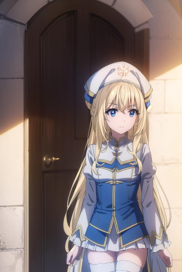 priestess, <lora:priestesss2-lora-nochekaiser:1>, priestess, blonde hair, blue eyes, long hair, hair between eyes, (small breast:1.2), smile,BREAK boots, dress, frilled sleeves, frills, hat, white headwear, pelvic curtain, high heels, robe, thigh boots, thighhighs, white thighhighs, long sleeves, puffy sleeves,BREAK indoors, church,BREAK looking at viewer, (cowboy shot:1.5),BREAK <lyco:GoodHands-beta2:1>, (masterpiece:1.2), best quality, high resolution, unity 8k wallpaper, (illustration:0.8), (beautiful detailed eyes:1.6), extremely detailed face, perfect lighting, extremely detailed CG, (perfect hands, perfect anatomy),