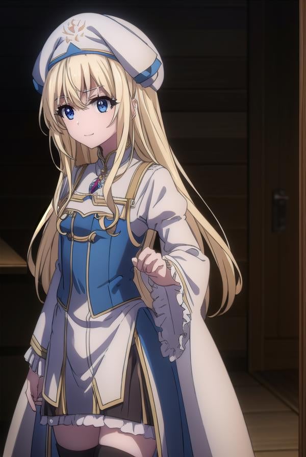 priestess, <lora:priestesss2-lora-nochekaiser:1>, priestess, blonde hair, blue eyes, long hair, hair between eyes, (small breast:1.2), smile,BREAK boots, dress, frilled sleeves, frills, hat, white headwear, pelvic curtain, high heels, robe, thigh boots, thighhighs, white thighhighs, long sleeves, puffy sleeves,BREAK indoors, church,BREAK looking at viewer, (cowboy shot:1.5),BREAK <lyco:GoodHands-beta2:1>, (masterpiece:1.2), best quality, high resolution, unity 8k wallpaper, (illustration:0.8), (beautiful detailed eyes:1.6), extremely detailed face, perfect lighting, extremely detailed CG, (perfect hands, perfect anatomy),