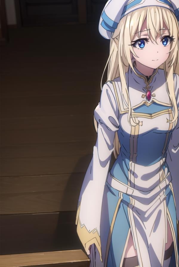 priestess, <lora:priestesss2-lora-nochekaiser:1>, priestess, blonde hair, blue eyes, long hair, hair between eyes, (small breast:1.2), smile,BREAK boots, dress, frilled sleeves, frills, hat, white headwear, pelvic curtain, high heels, robe, thigh boots, thighhighs, white thighhighs, long sleeves, puffy sleeves,BREAK indoors, church,BREAK looking at viewer, (cowboy shot:1.5),BREAK <lyco:GoodHands-beta2:1>, (masterpiece:1.2), best quality, high resolution, unity 8k wallpaper, (illustration:0.8), (beautiful detailed eyes:1.6), extremely detailed face, perfect lighting, extremely detailed CG, (perfect hands, perfect anatomy),