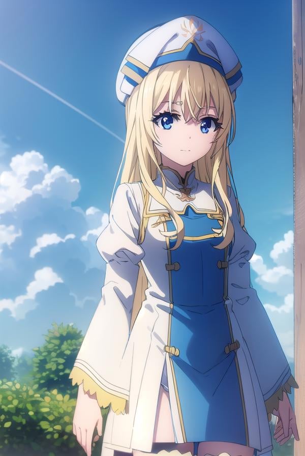 priestess, <lora:priestesss2-lora-nochekaiser:1>, priestess, blonde hair, blue eyes, long hair, hair between eyes, (small breast:1.2), smile,BREAK boots, dress, frilled sleeves, frills, hat, white headwear, pelvic curtain, high heels, robe, thigh boots, thighhighs, white thighhighs, long sleeves, puffy sleeves,BREAK outdoors, grass, nature, forest, cloud, sky, sun,BREAK looking at viewer, (cowboy shot:1.5),BREAK <lyco:GoodHands-beta2:1>, (masterpiece:1.2), best quality, high resolution, unity 8k wallpaper, (illustration:0.8), (beautiful detailed eyes:1.6), extremely detailed face, perfect lighting, extremely detailed CG, (perfect hands, perfect anatomy),