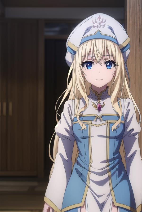 priestess, <lora:priestesss2-lora-nochekaiser:1>, priestess, blonde hair, blue eyes, long hair, hair between eyes, (small breast:1.2), smile,BREAK boots, dress, frilled sleeves, frills, hat, white headwear, pelvic curtain, high heels, robe, thigh boots, thighhighs, white thighhighs, long sleeves, puffy sleeves,BREAK indoors, church,BREAK looking at viewer, (cowboy shot:1.5),BREAK <lyco:GoodHands-beta2:1>, (masterpiece:1.2), best quality, high resolution, unity 8k wallpaper, (illustration:0.8), (beautiful detailed eyes:1.6), extremely detailed face, perfect lighting, extremely detailed CG, (perfect hands, perfect anatomy),