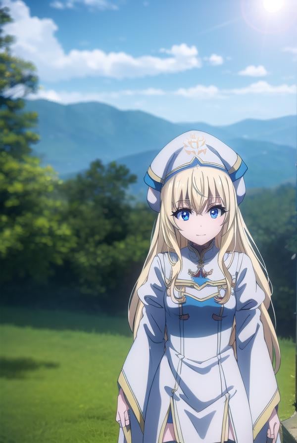 priestess, <lora:priestesss2-lora-nochekaiser:1>, priestess, blonde hair, blue eyes, long hair, hair between eyes, (small breast:1.2), smile,BREAK boots, dress, frilled sleeves, frills, hat, white headwear, pelvic curtain, high heels, robe, thigh boots, thighhighs, white thighhighs, long sleeves, puffy sleeves,BREAK outdoors, grass, nature, forest, cloud, sky, sun,BREAK looking at viewer, (cowboy shot:1.5),BREAK <lyco:GoodHands-beta2:1>, (masterpiece:1.2), best quality, high resolution, unity 8k wallpaper, (illustration:0.8), (beautiful detailed eyes:1.6), extremely detailed face, perfect lighting, extremely detailed CG, (perfect hands, perfect anatomy),