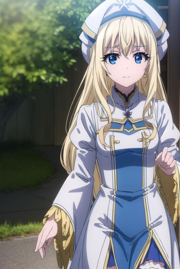 priestess, <lora:priestesss2-lora-nochekaiser:1>, priestess, blonde hair, blue eyes, long hair, hair between eyes, (small breast:1.2), smile,BREAK boots, dress, frilled sleeves, frills, hat, white headwear, pelvic curtain, high heels, robe, thigh boots, thighhighs, white thighhighs, long sleeves, puffy sleeves,BREAK outdoors, grass, nature, forest, cloud, sky, sun,BREAK looking at viewer, (cowboy shot:1.5),BREAK <lyco:GoodHands-beta2:1>, (masterpiece:1.2), best quality, high resolution, unity 8k wallpaper, (illustration:0.8), (beautiful detailed eyes:1.6), extremely detailed face, perfect lighting, extremely detailed CG, (perfect hands, perfect anatomy),