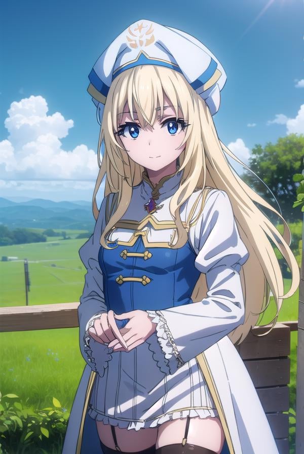 priestess, <lora:priestesss2-lora-nochekaiser:1>, priestess, blonde hair, blue eyes, long hair, hair between eyes, (small breast:1.2), smile,BREAK boots, dress, frilled sleeves, frills, hat, white headwear, pelvic curtain, high heels, robe, thigh boots, thighhighs, white thighhighs, long sleeves, puffy sleeves,BREAK outdoors, grass, nature, forest, cloud, sky, sun,BREAK looking at viewer, (cowboy shot:1.5),BREAK <lyco:GoodHands-beta2:1>, (masterpiece:1.2), best quality, high resolution, unity 8k wallpaper, (illustration:0.8), (beautiful detailed eyes:1.6), extremely detailed face, perfect lighting, extremely detailed CG, (perfect hands, perfect anatomy),