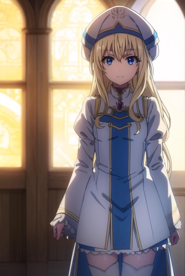 priestess, <lora:priestesss2-lora-nochekaiser:1>, priestess, blonde hair, blue eyes, long hair, hair between eyes, (small breast:1.2), smile,BREAK boots, dress, frilled sleeves, frills, hat, white headwear, pelvic curtain, high heels, robe, thigh boots, thighhighs, white thighhighs, long sleeves, puffy sleeves,BREAK indoors, church,BREAK looking at viewer, (cowboy shot:1.5),BREAK <lyco:GoodHands-beta2:1>, (masterpiece:1.2), best quality, high resolution, unity 8k wallpaper, (illustration:0.8), (beautiful detailed eyes:1.6), extremely detailed face, perfect lighting, extremely detailed CG, (perfect hands, perfect anatomy),