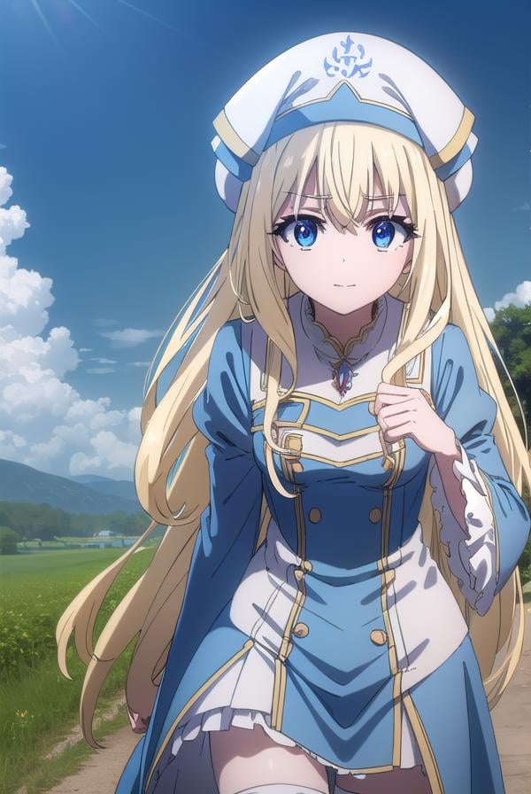 priestess, <lora:priestesss2-lora-nochekaiser:1>, priestess, blonde hair, blue eyes, long hair, hair between eyes, (small breast:1.2), smile,BREAK boots, dress, frilled sleeves, frills, hat, white headwear, pelvic curtain, high heels, robe, thigh boots, thighhighs, white thighhighs, long sleeves, puffy sleeves,BREAK outdoors, grass, nature, forest, cloud, sky, sun,BREAK looking at viewer, (cowboy shot:1.5),BREAK <lyco:GoodHands-beta2:1>, (masterpiece:1.2), best quality, high resolution, unity 8k wallpaper, (illustration:0.8), (beautiful detailed eyes:1.6), extremely detailed face, perfect lighting, extremely detailed CG, (perfect hands, perfect anatomy),